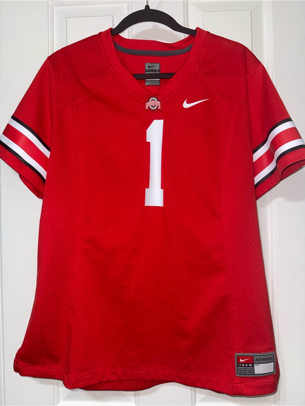Nike Women’s Red Football Jersey with White #1 and Black Trim